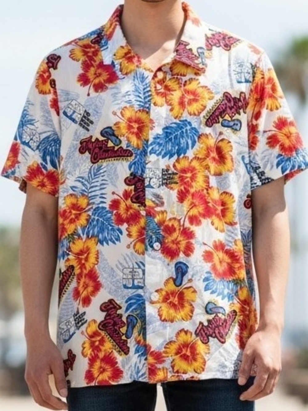 BDA Sports Tropical Floral Shirt White with Yellow & Blue Flowers M San Antonio